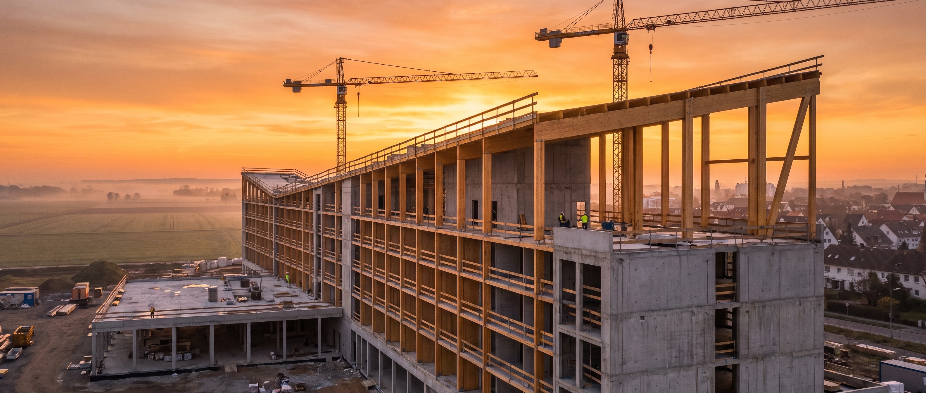 Baustellen-Panorama: moderner Hotelrohbau mit Kränen im Morgenlicht am Stadtrand