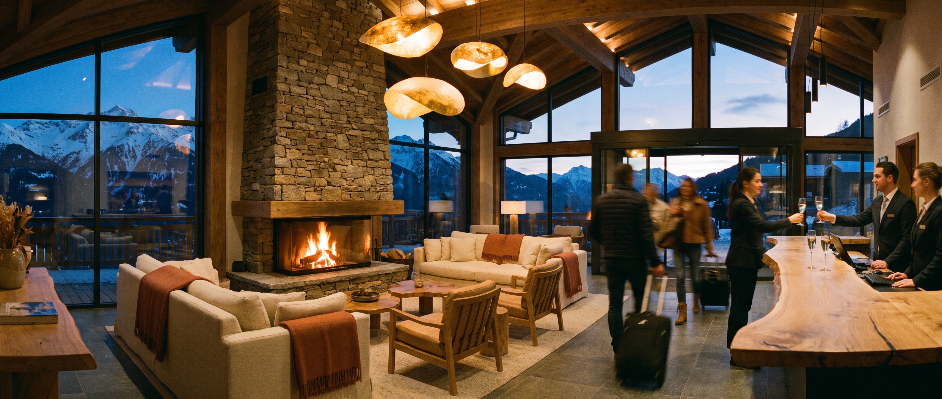 Fertige Hotel-Lobby am Abend mit Kamin und warmem Licht