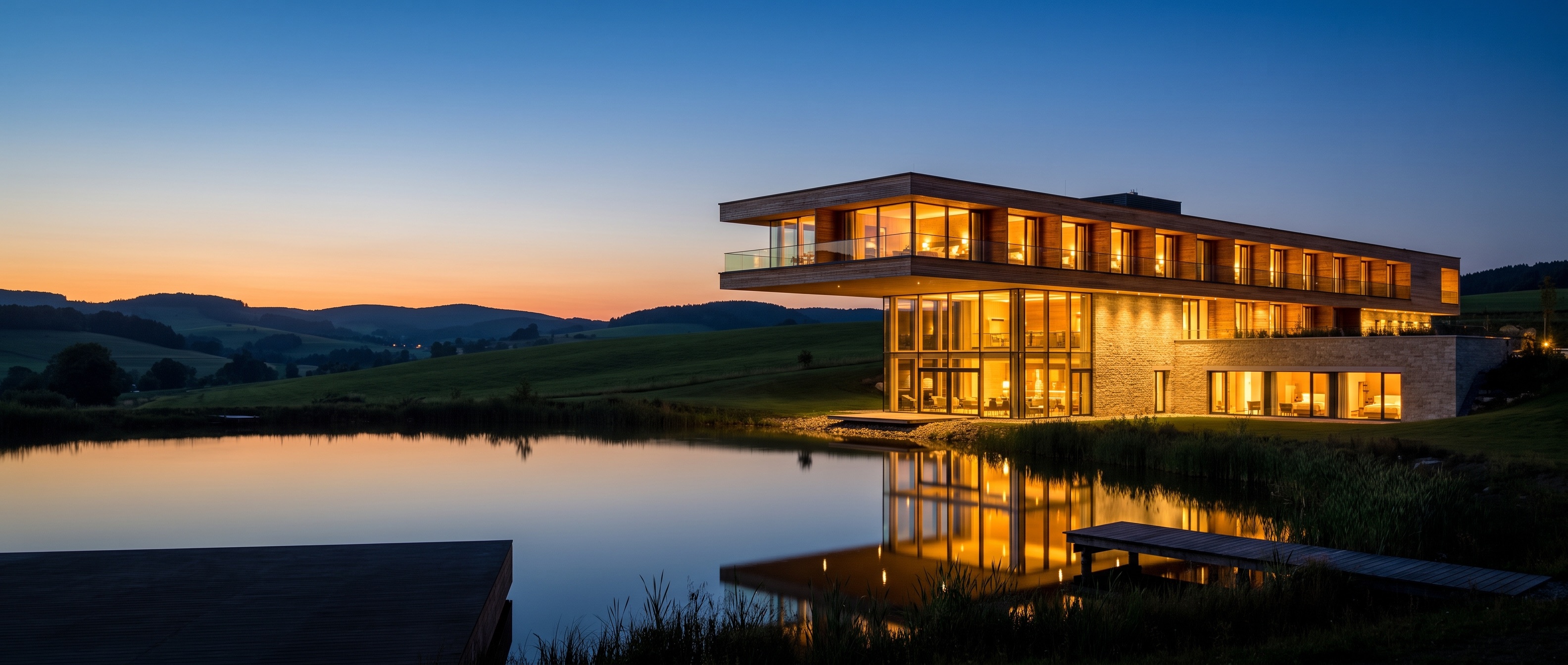 Modernes Hotel am See in der Abenddämmerung, warm erleuchtete Glasfassade spiegelt sich im Wasser