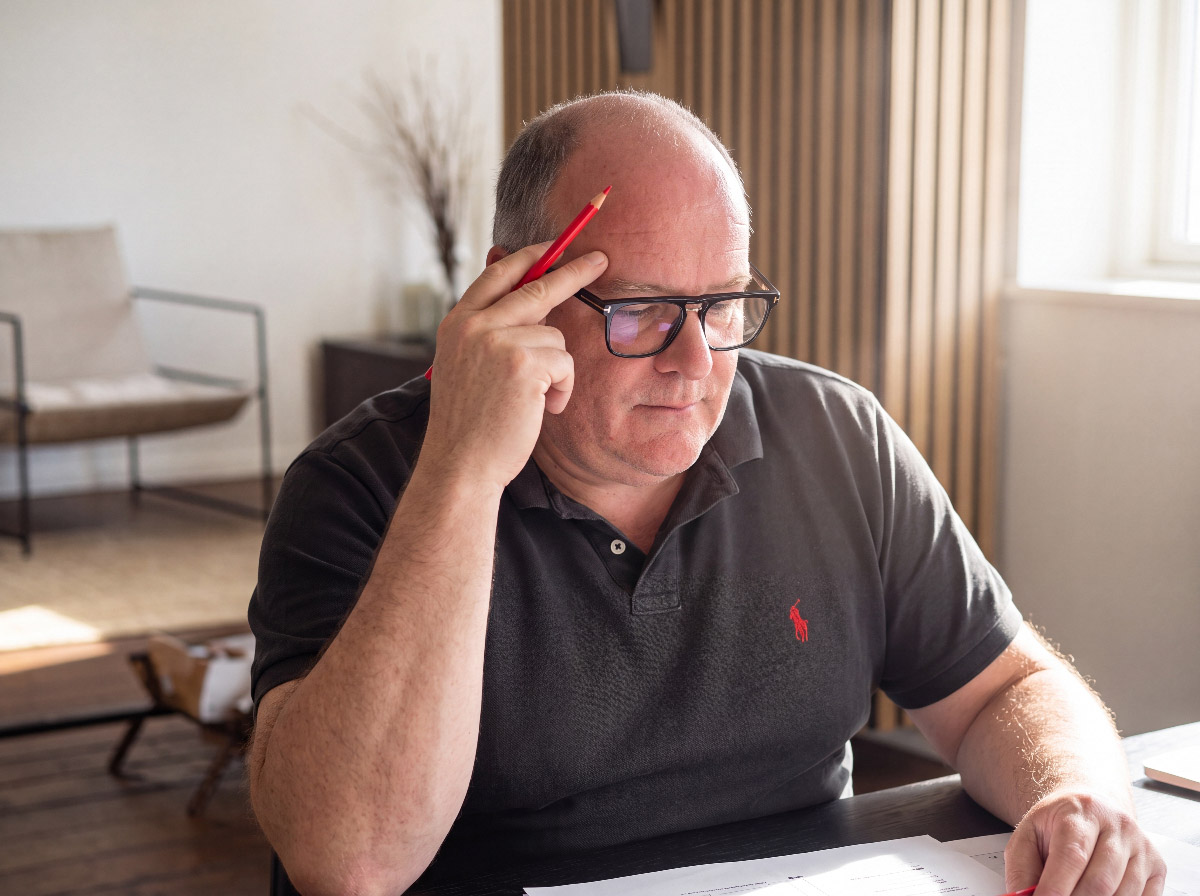 Mario Virgolini prüft einen Plan, den Rotstift in der Hand