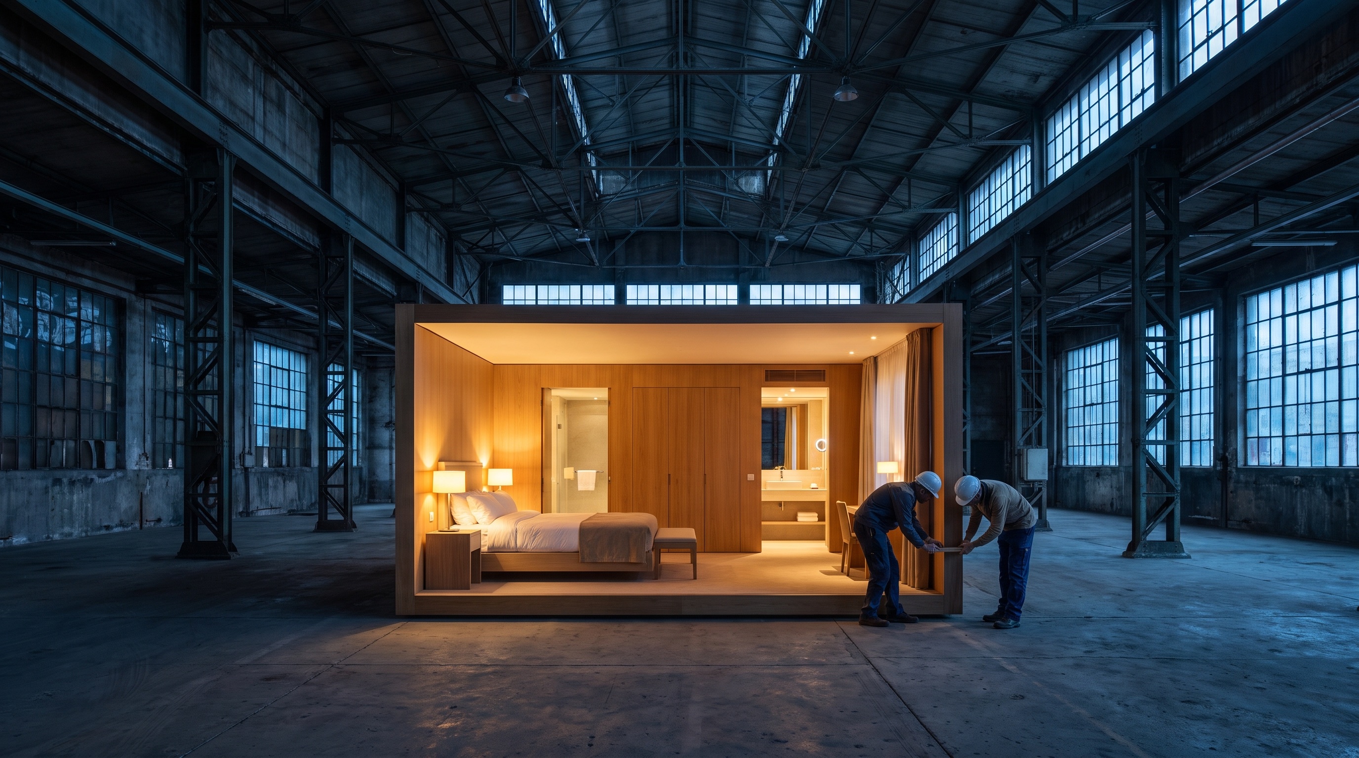 Begehbares Musterzimmer in der Werkshalle