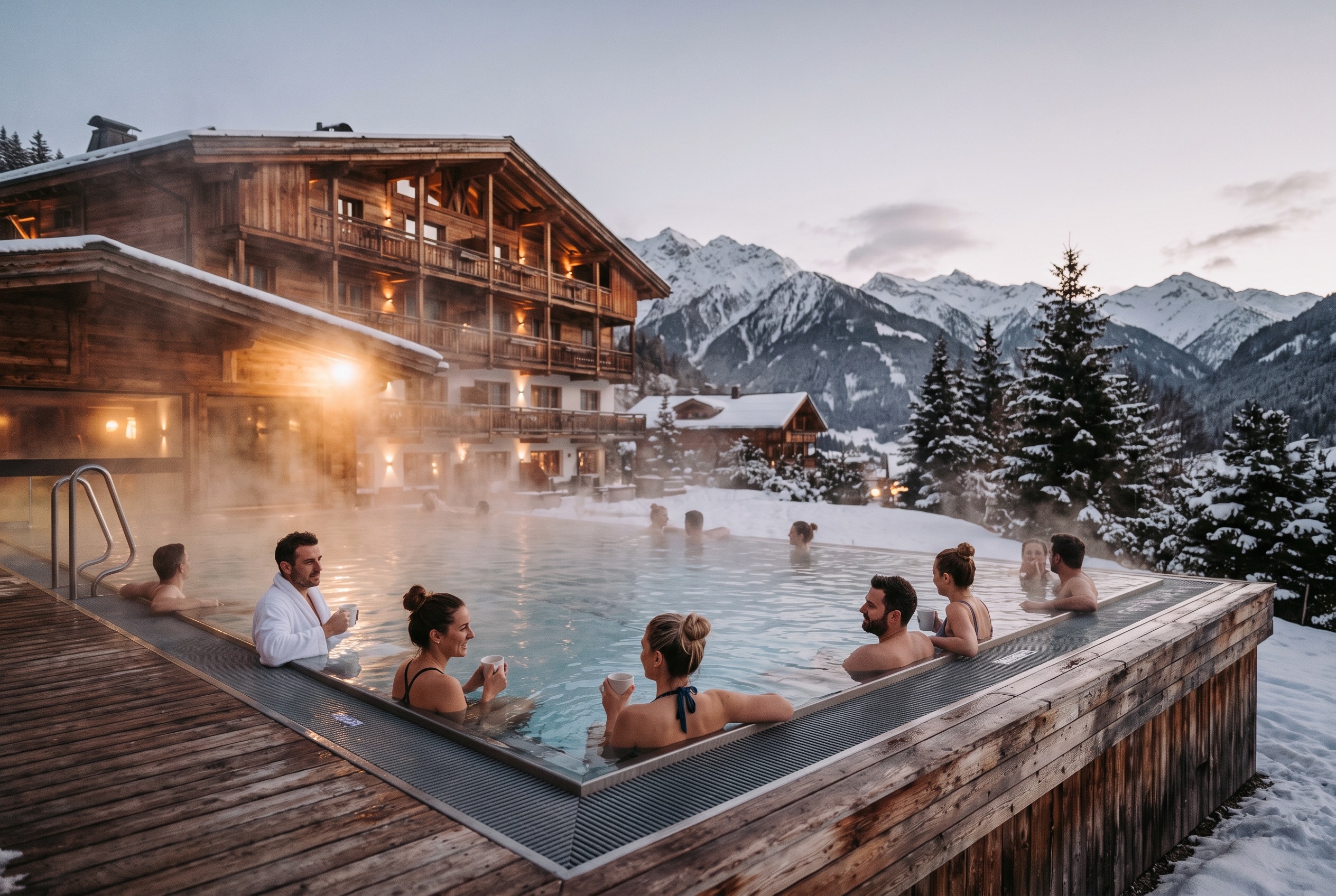 Ferienresort mit dampfendem Aussenpool am Abend