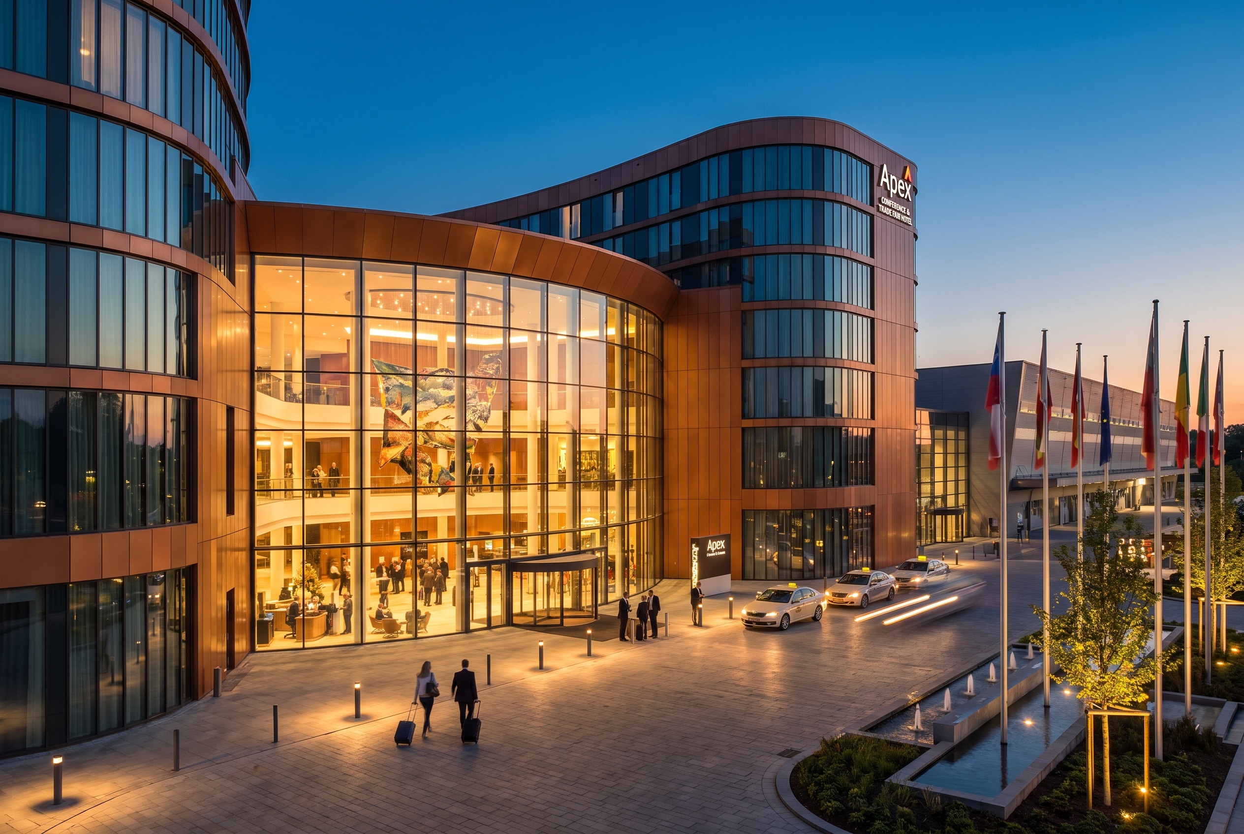 Modernes Messe- und Businesshotel mit Vorfahrt am Abend