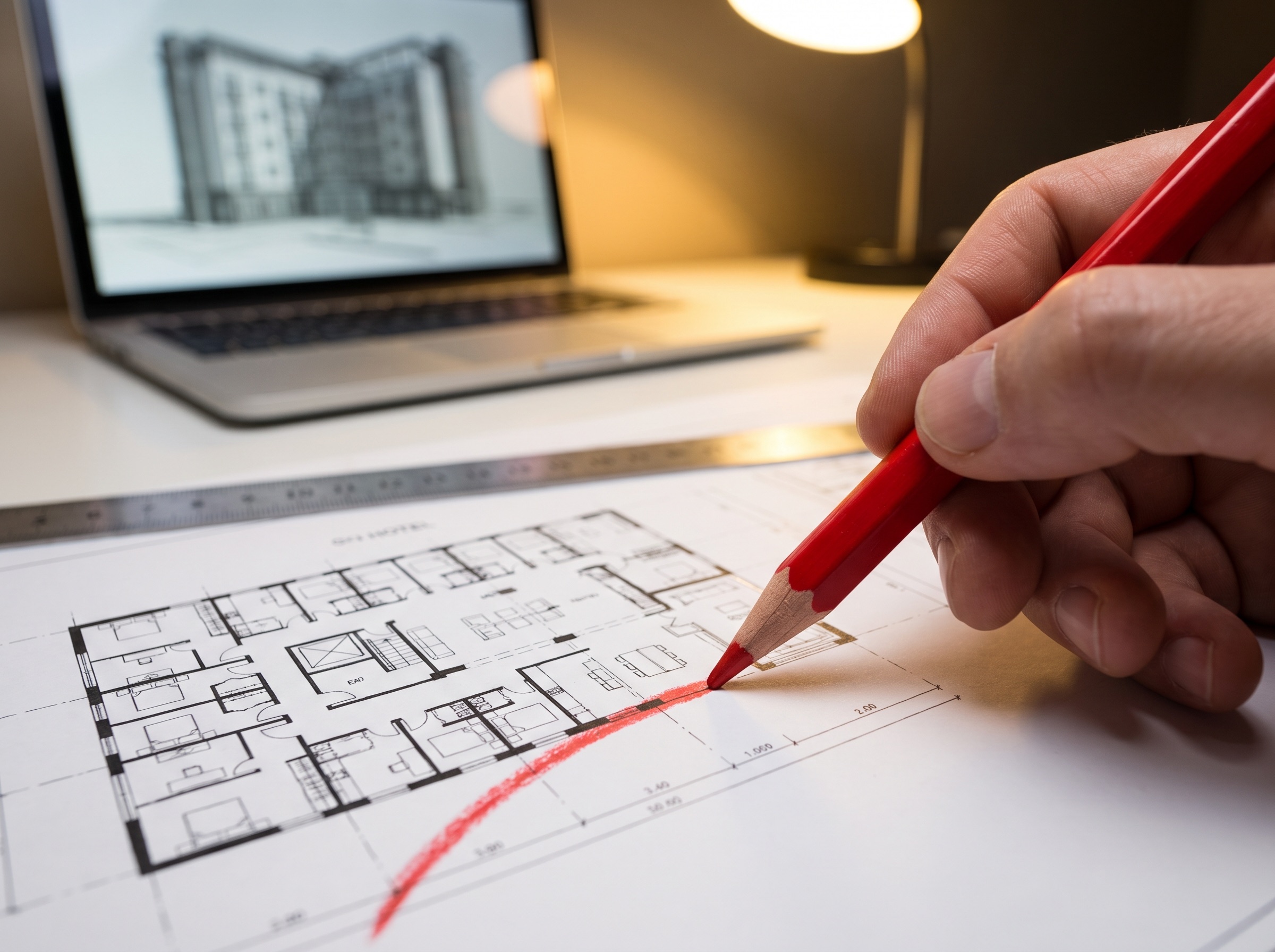 Grundriss mit Rotstift-Korrekturen